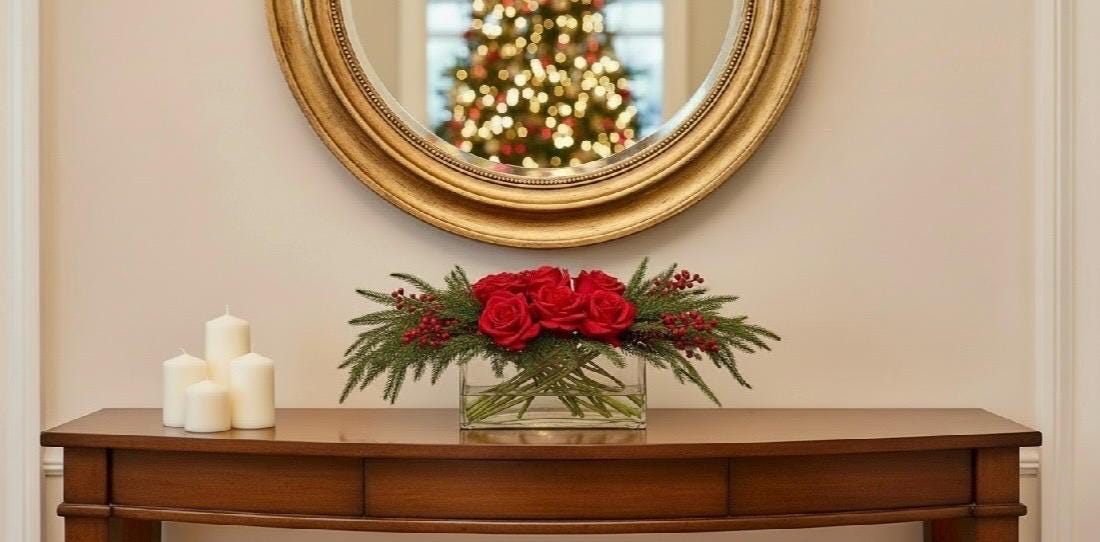 Real Touch Rose & Pine Cone Arrangement: Christmas Centerpiece