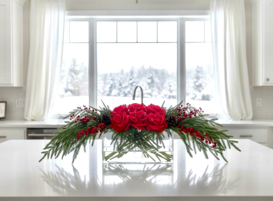 Real Touch Rose & Pine Cone Arrangement: Christmas Centerpiece