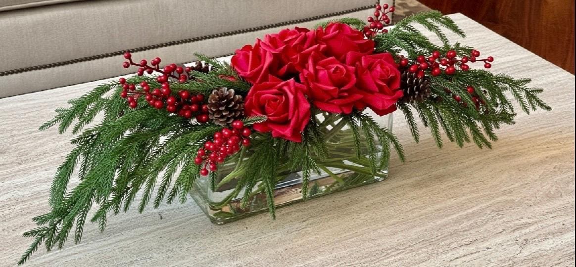 Real Touch Rose & Pine Cone Arrangement: Christmas Centerpiece