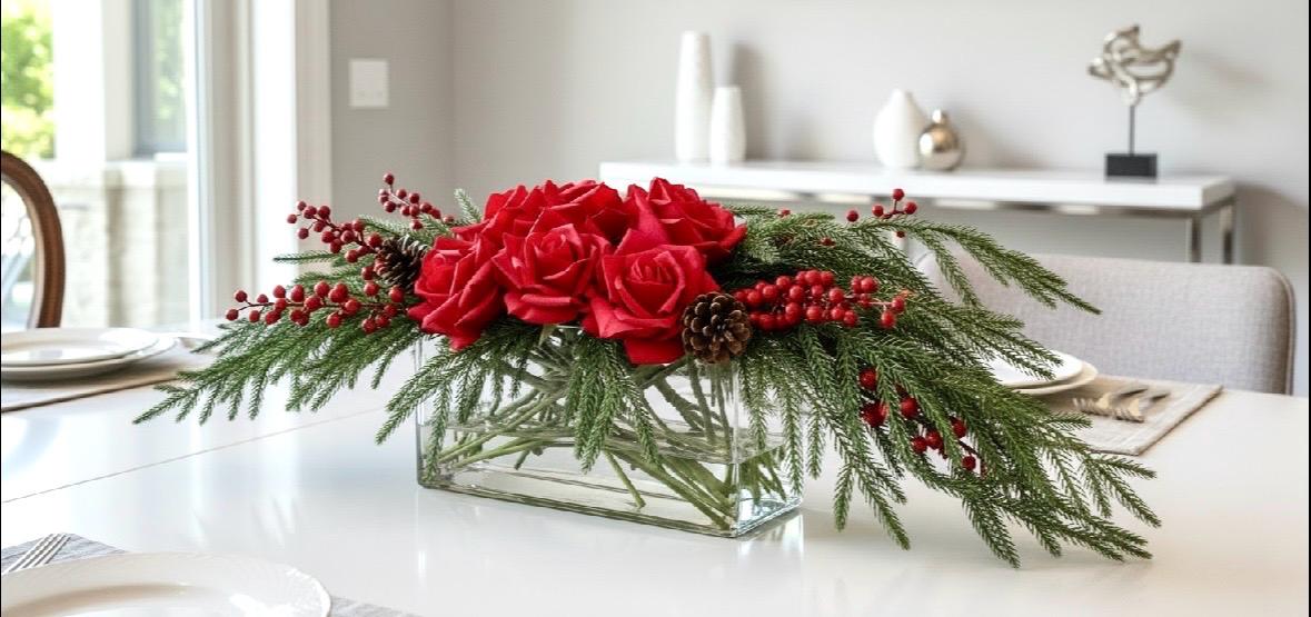 Real Touch Rose & Pine Cone Arrangement: Christmas Centerpiece