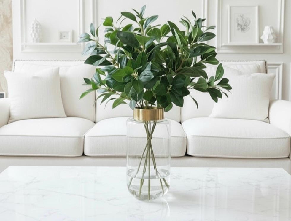 Luxury Tall Gold and Glass Vase, Faux Greenery Centerpiece