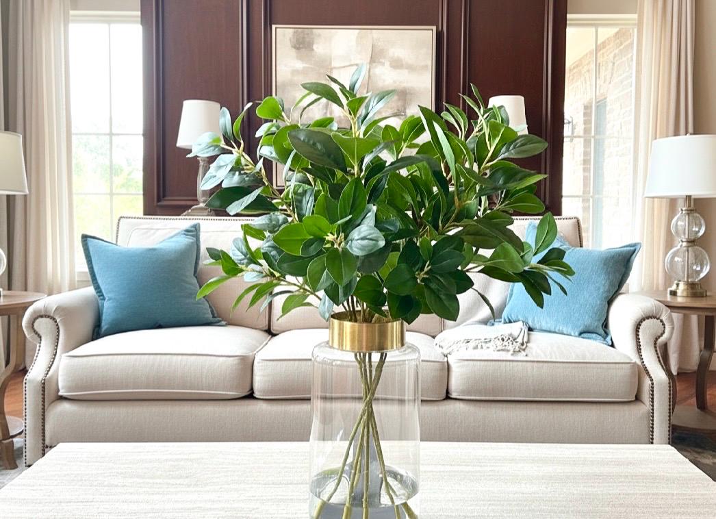 Luxury Tall Gold and Glass Vase, Faux Greenery Centerpiece