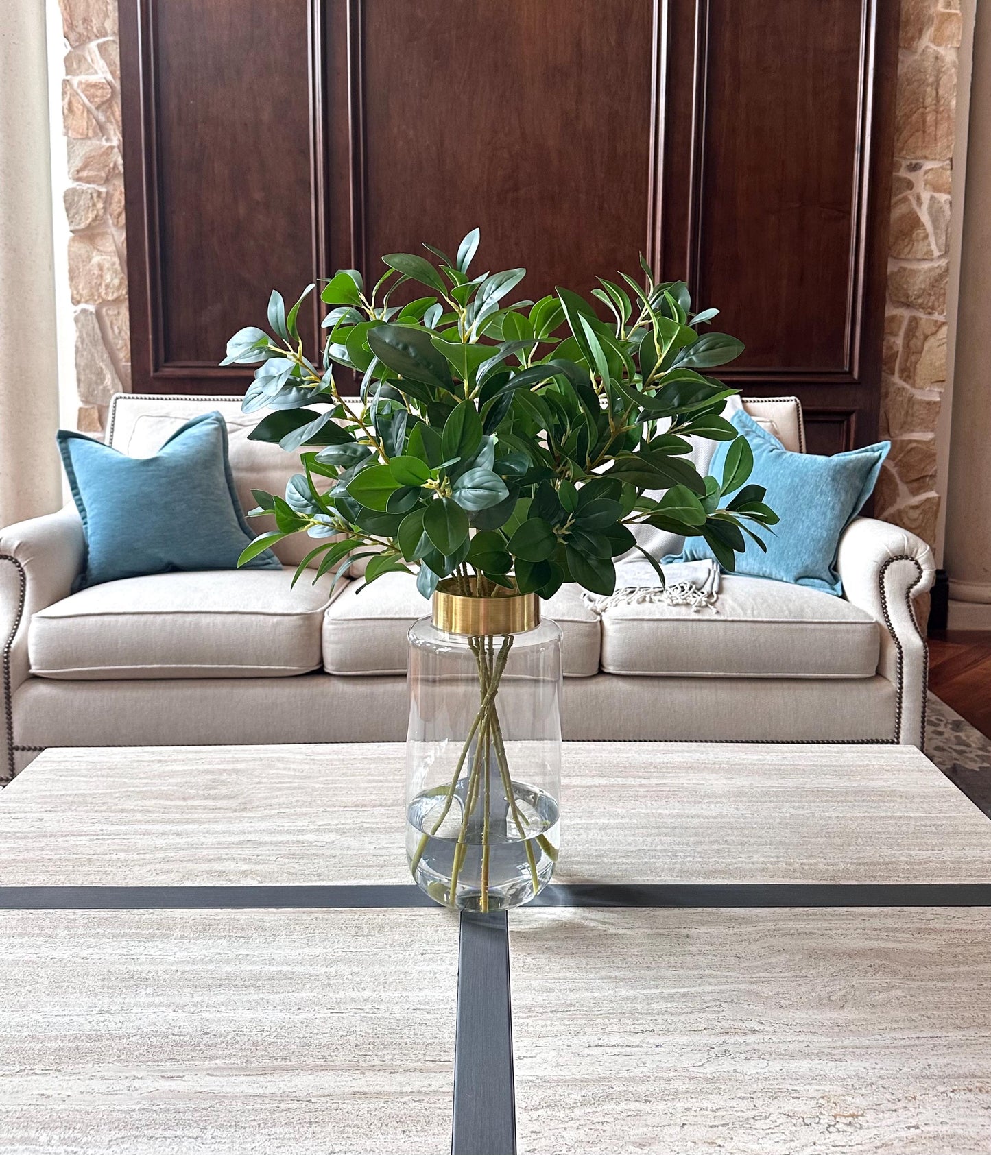 Luxury Tall Gold and Glass Vase, Faux Greenery Centerpiece