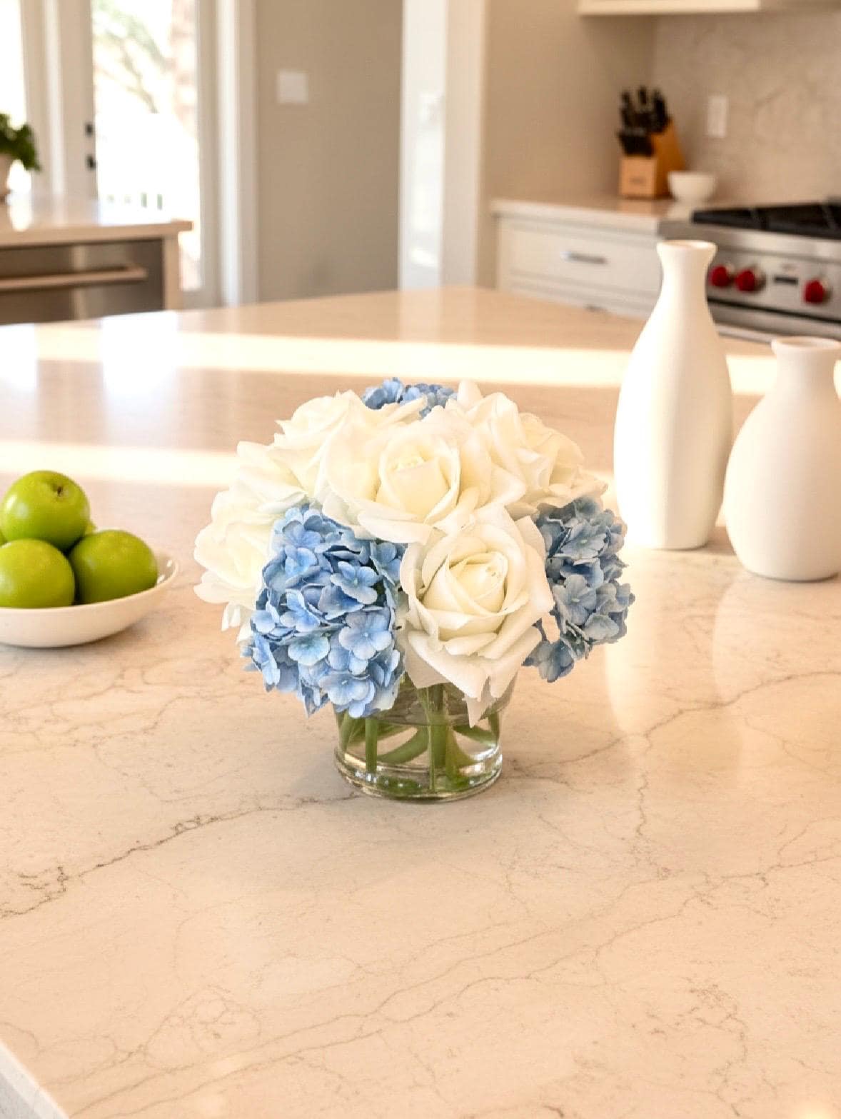 Real Touch Floral Decor Hydrangea & Rose Arrangement, Floral Centerpiece in Glass Vase