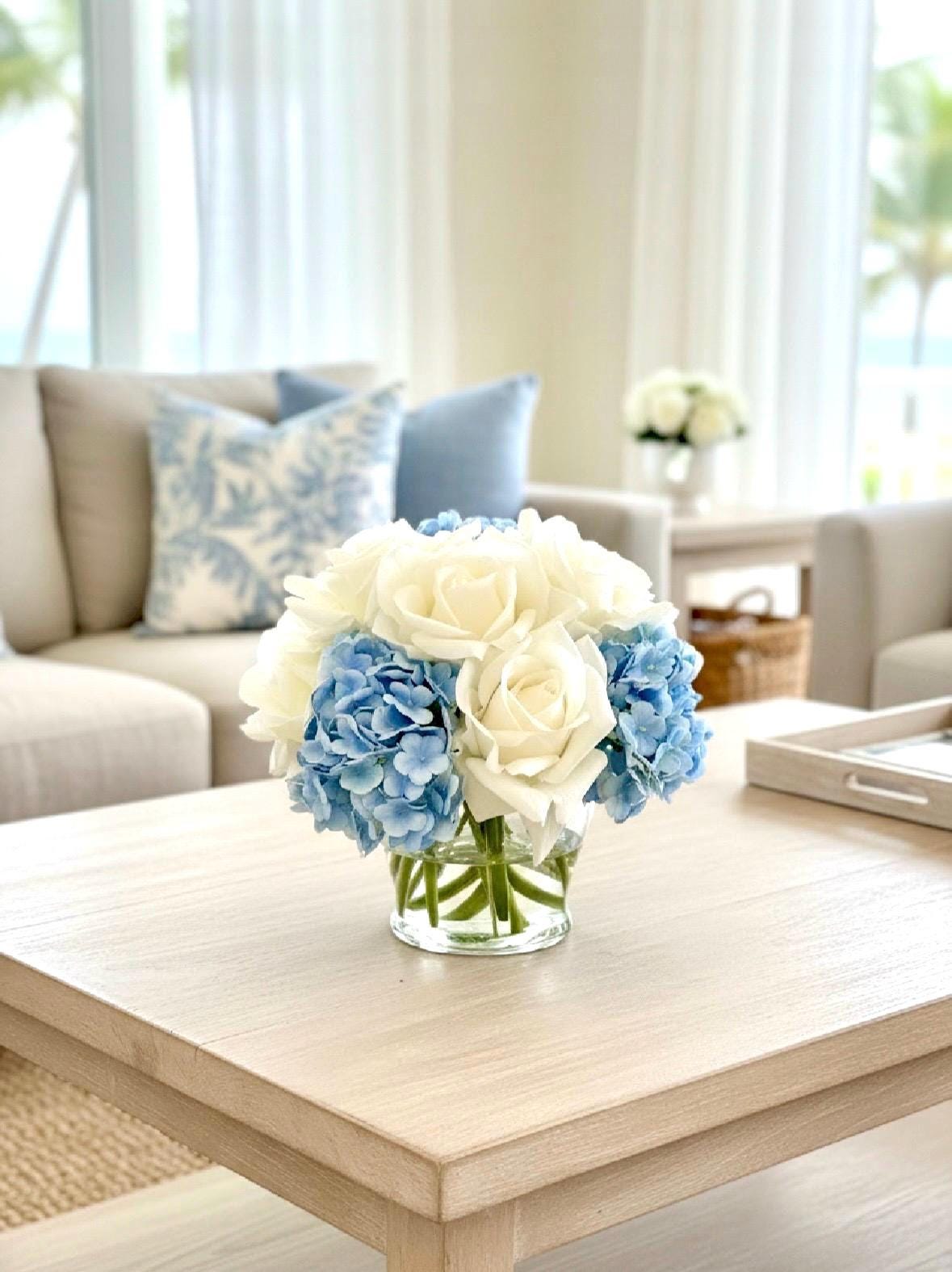 Real Touch Floral Decor Hydrangea & Rose Arrangement, Floral Centerpiece in Glass Vase