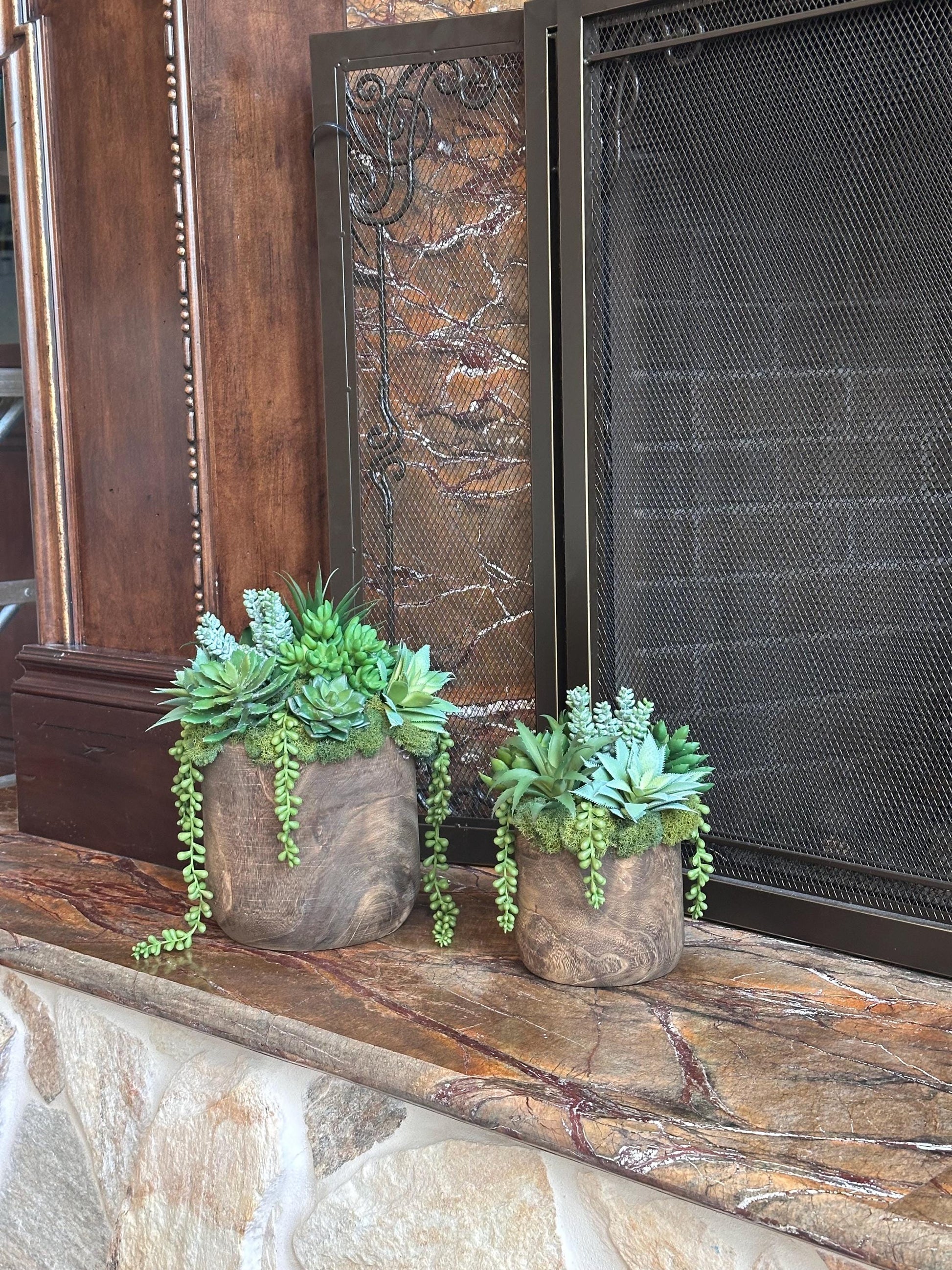 Faux Succulent Arrangement in Wood Planter
