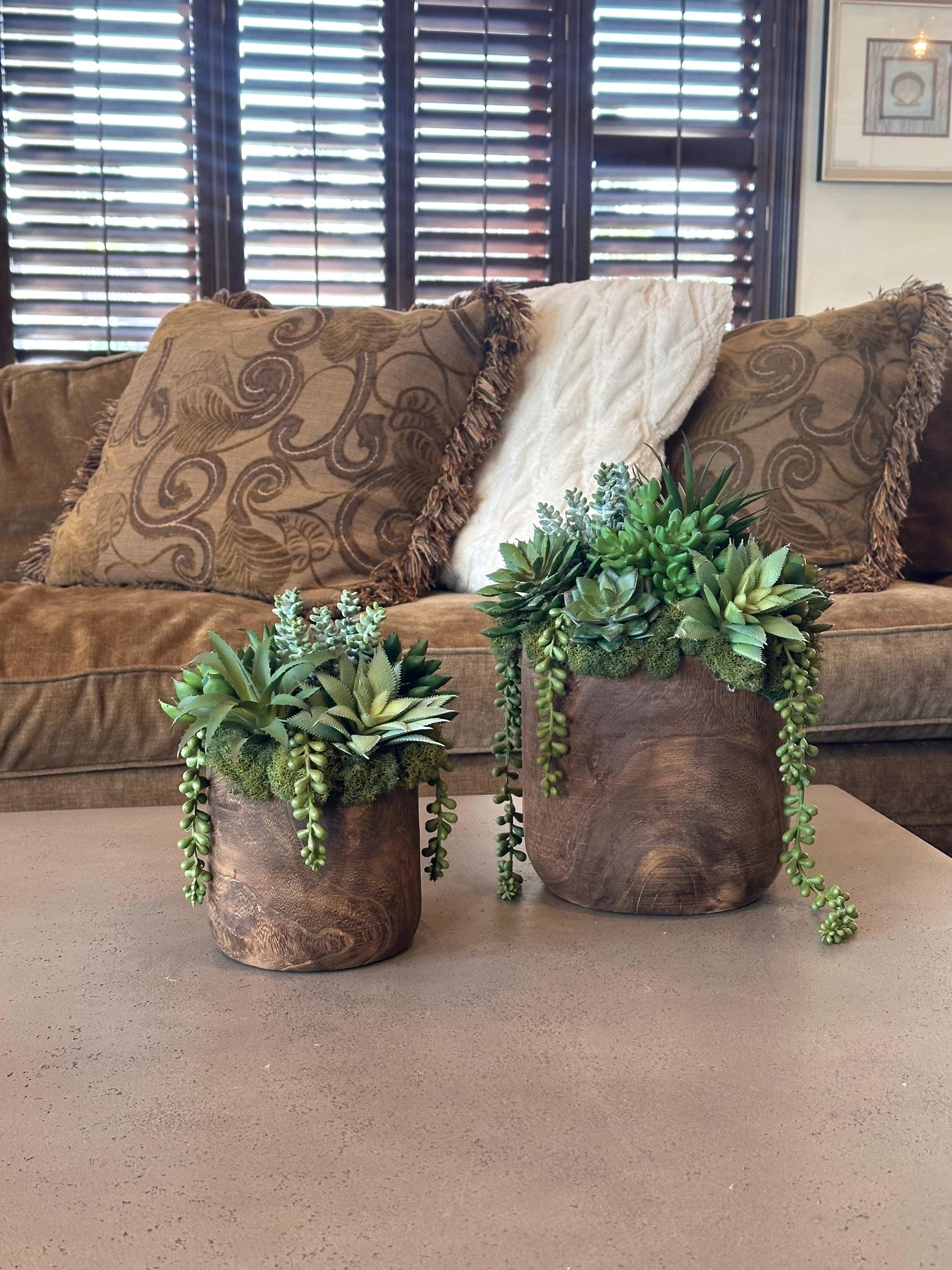 Faux Succulent Arrangement in Wood Planter