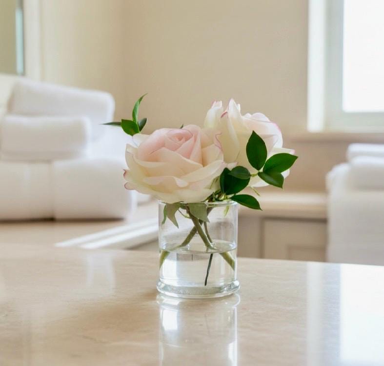 Real Touch Rose Arrangement: Glass Vase, Faux Water (Optional Gift Box)