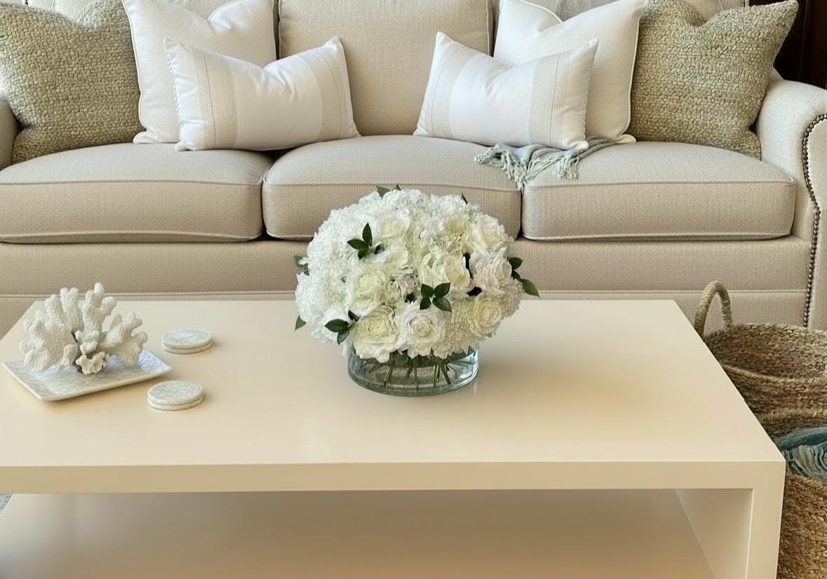 Real Touch White Hydrangea Centerpiece: Ivory Rose Faux Floral Arrangement