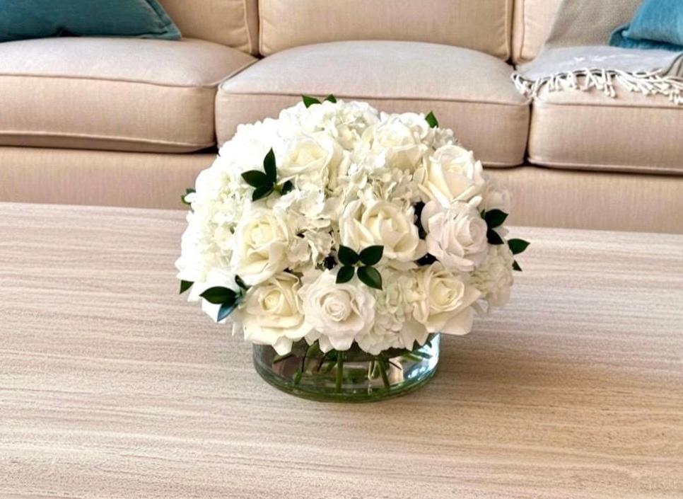 Real Touch White Hydrangea Centerpiece: Ivory Rose Faux Floral Arrangement
