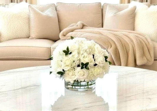 Real Touch White Hydrangea Centerpiece: Ivory Rose Faux Floral Arrangement