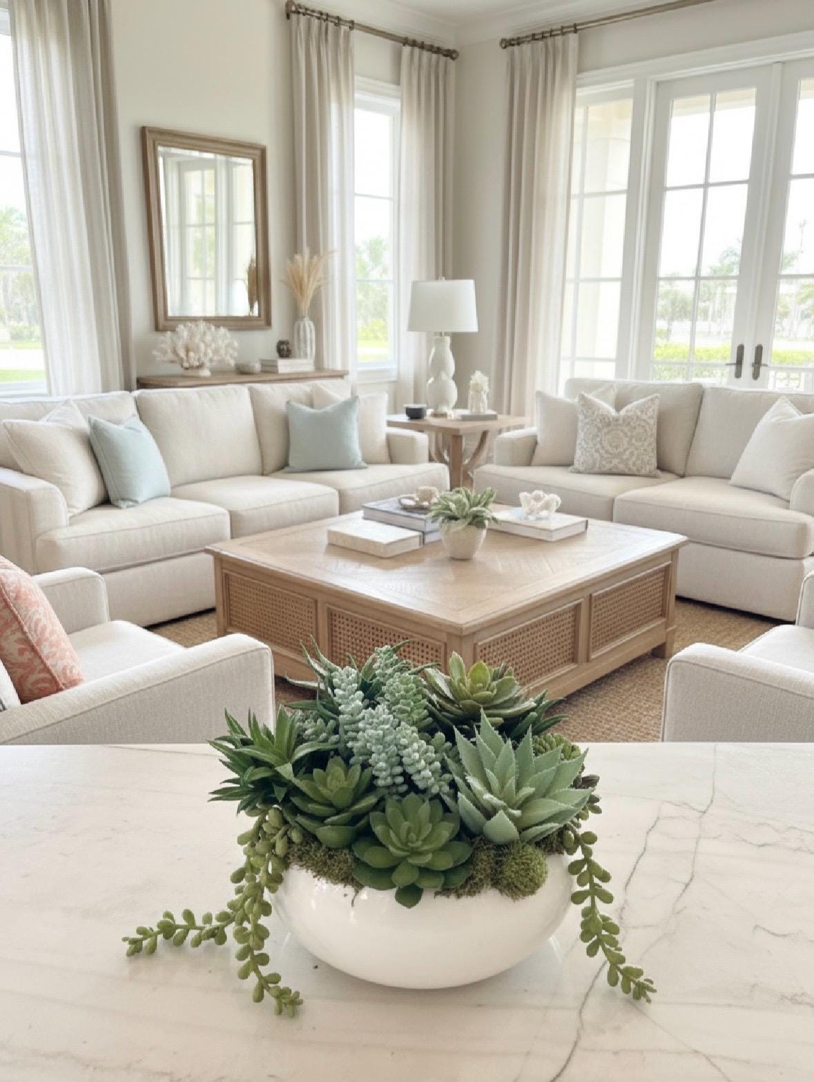 High Quality Succulent Arrangement in White Ceramic Planter: 9" Diameter