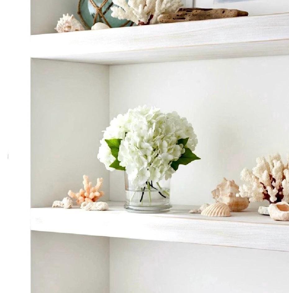 Real Touch White Hydrangea Centerpiece: Faux Floral Arrangement in Glass Vas