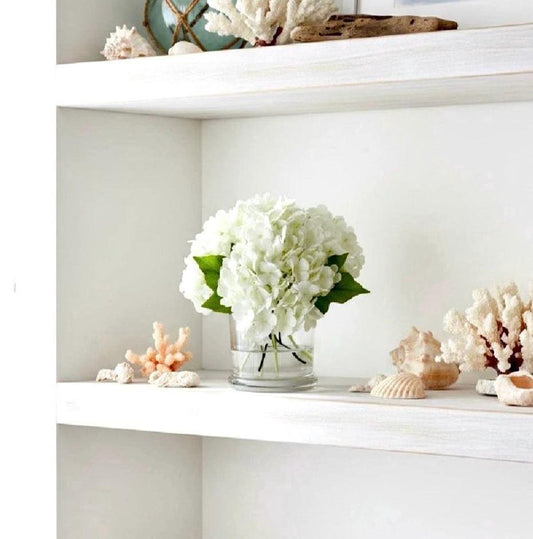 Real Touch White Hydrangea Centerpiece: Faux Floral Arrangement in Glass Vase