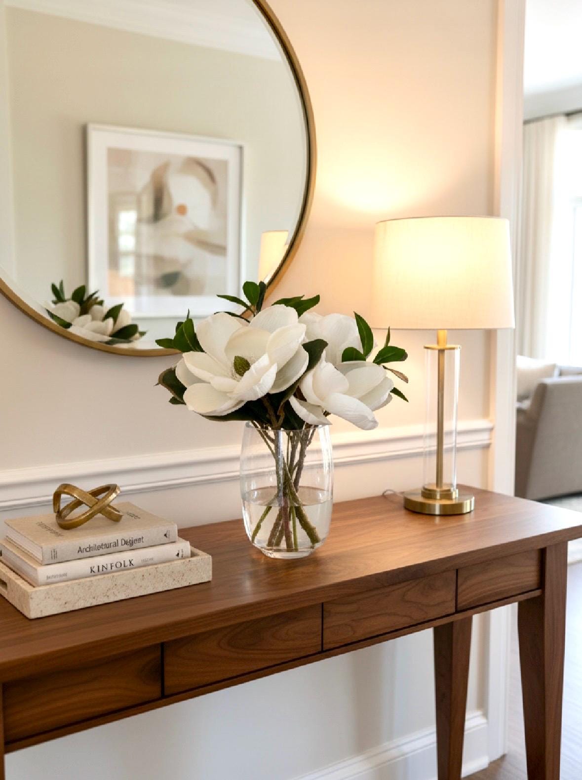 Luxury Real-Touch Magnolia & Greenery Arrangement in Glass Vase (15” × 15”)