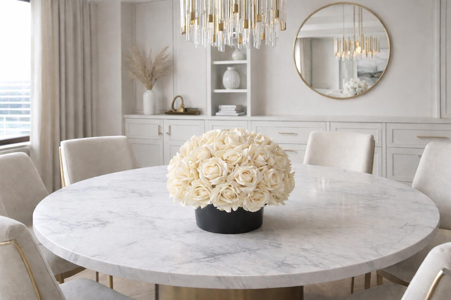 Real Touch Red Rose and Black Centerpiece: Round Artificial Floral Arrangement