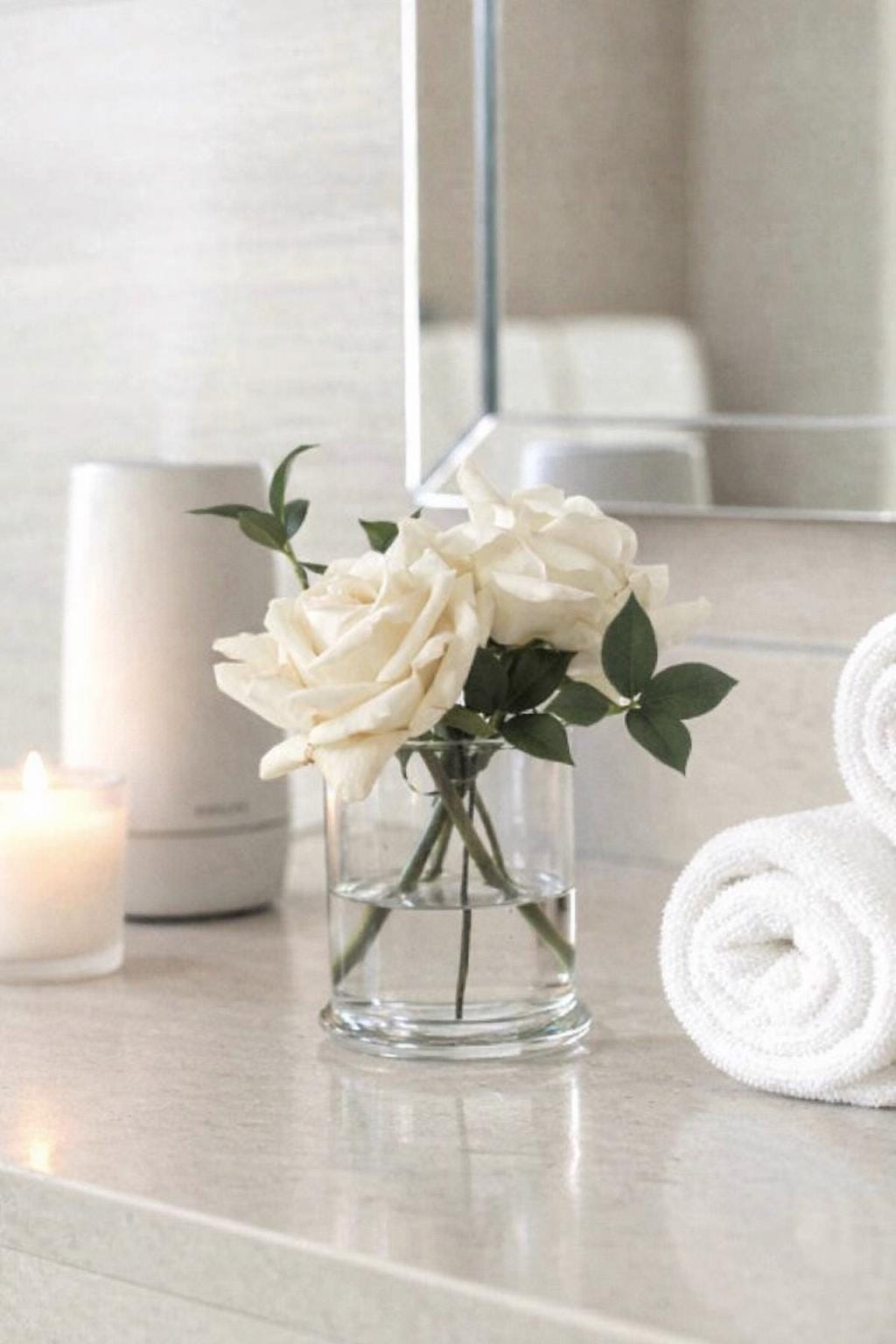 Real Touch Rose Arrangement: Glass Vase, Faux Water (Optional Gift Box)