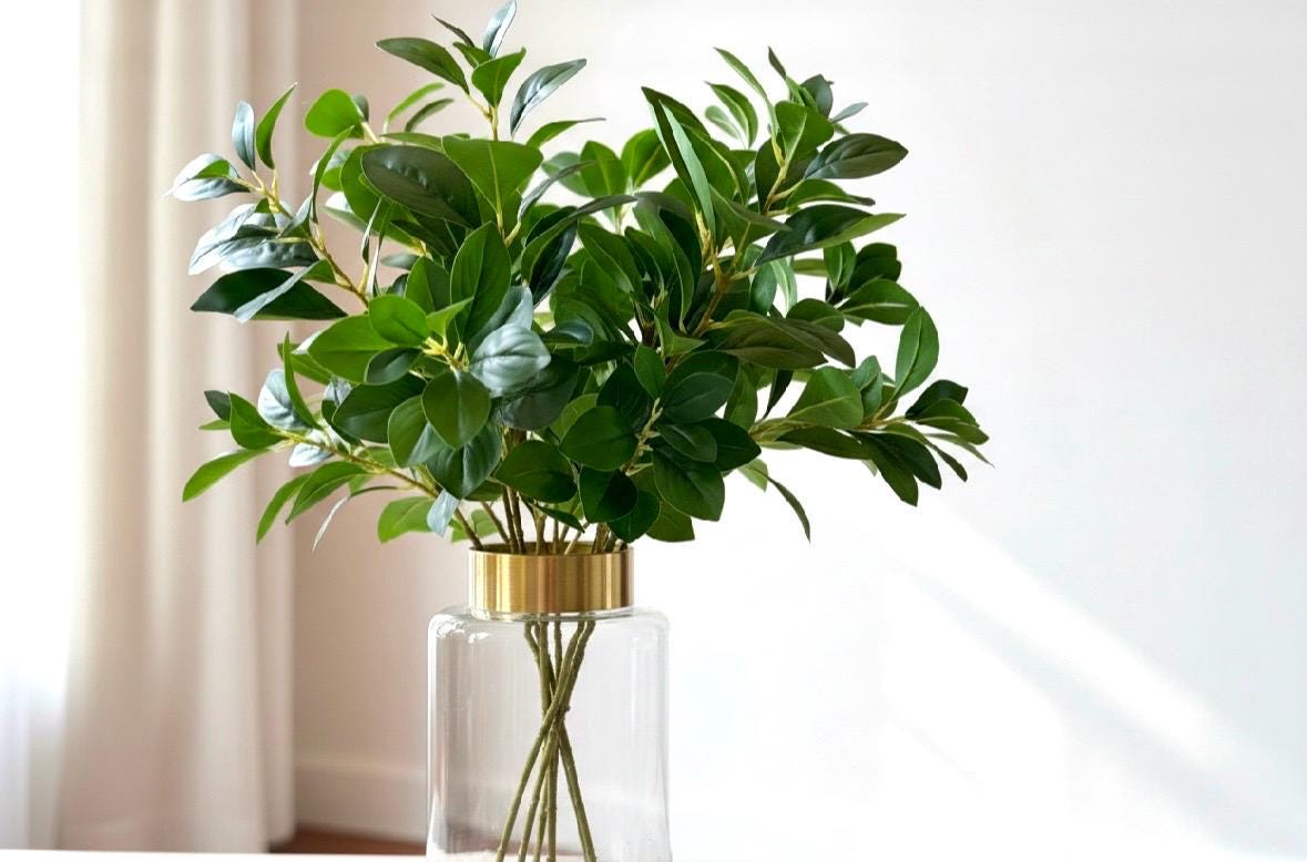 Luxury Tall Gold and Glass Vase, Faux Greenery Centerpiece