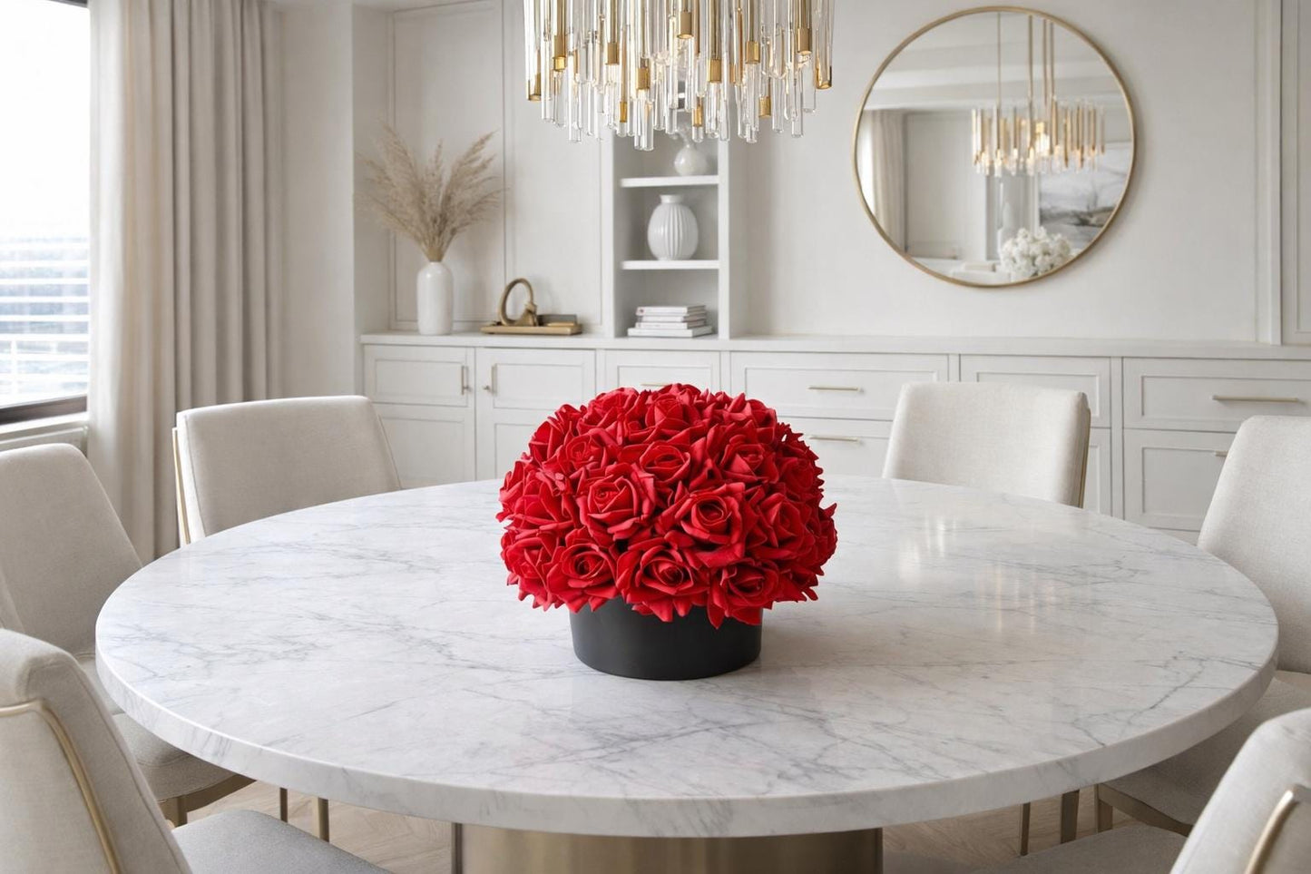 Real Touch Red Rose and Black Centerpiece: Round Artificial Floral Arrangement