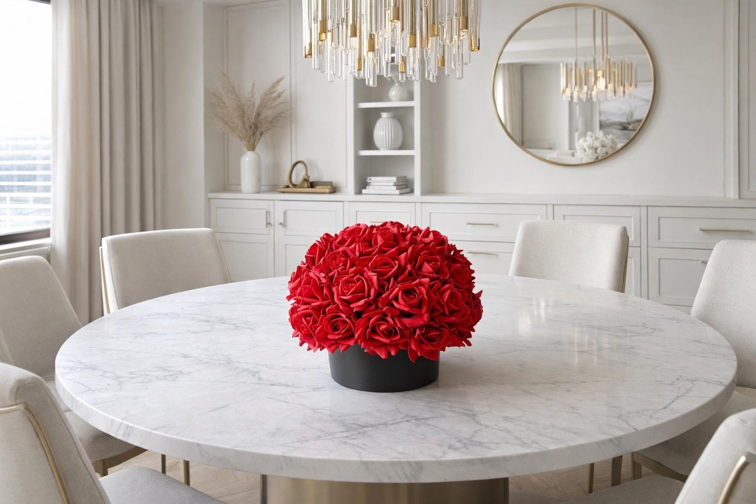 Real Touch Red Rose and Black Centerpiece: Round Artificial Floral Arrangement