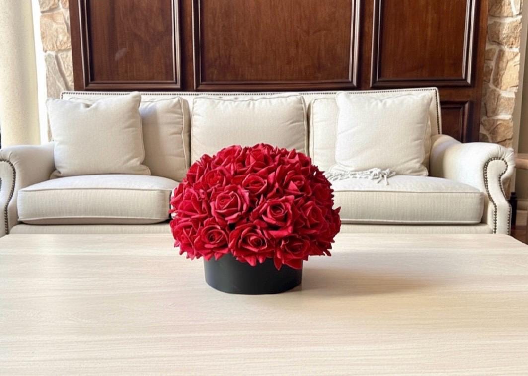 Real Touch Red Rose and Black Centerpiece: Round Artificial Floral Arrangement