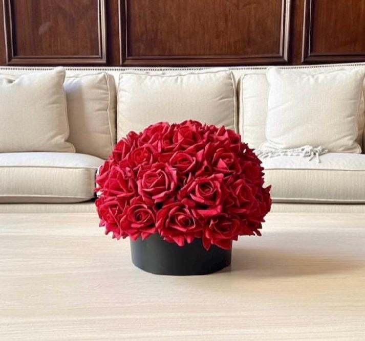 Real Touch Red Rose and Black Centerpiece: Round Artificial Floral Arrangement