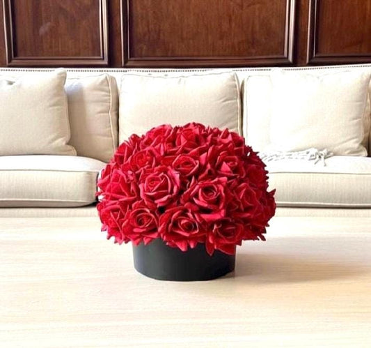Real Touch Red Rose and Black Centerpiece: Round Artificial Floral Arrangement