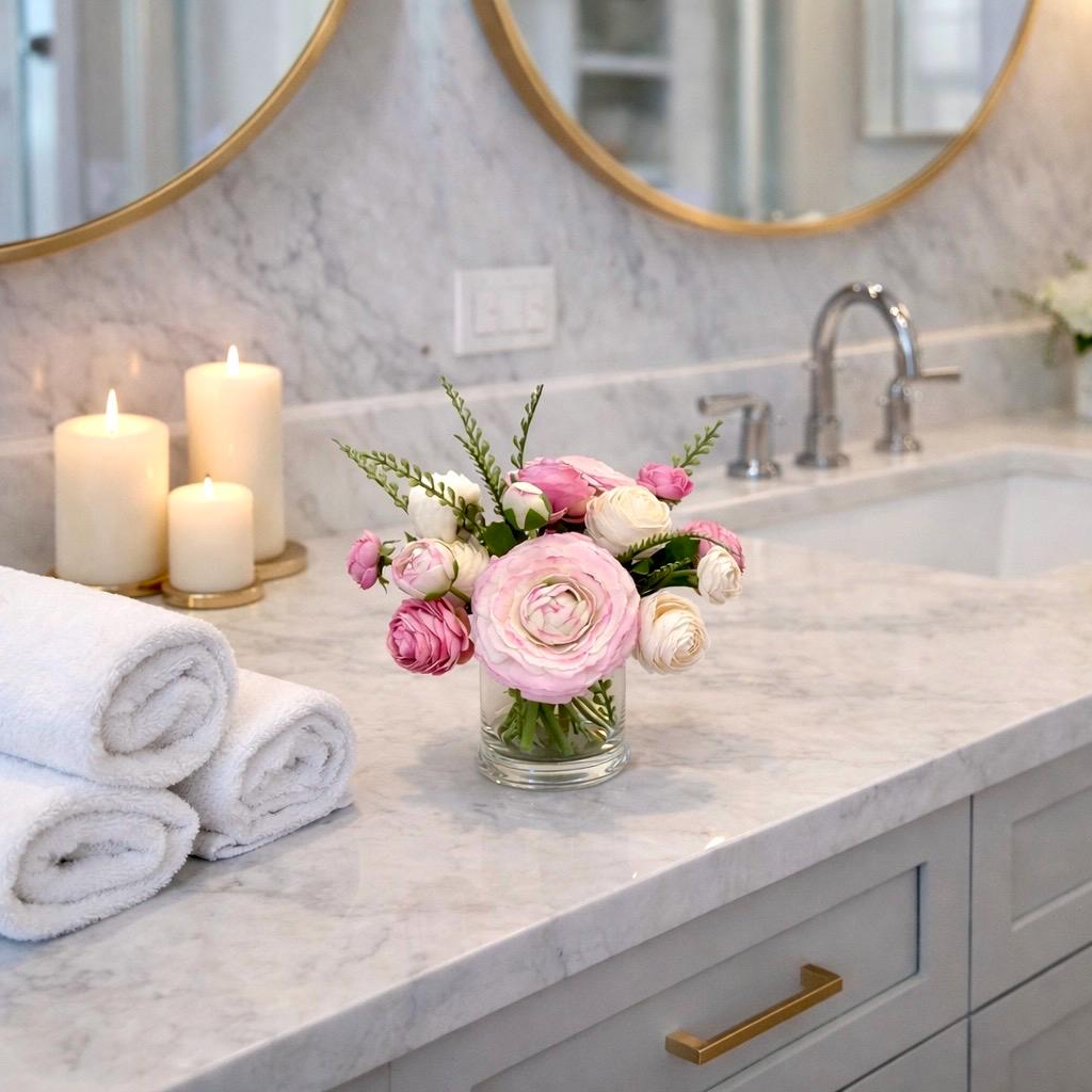 Real Touch Ranunculus Floral Faux Water Arrangement: Pink Centerpiece