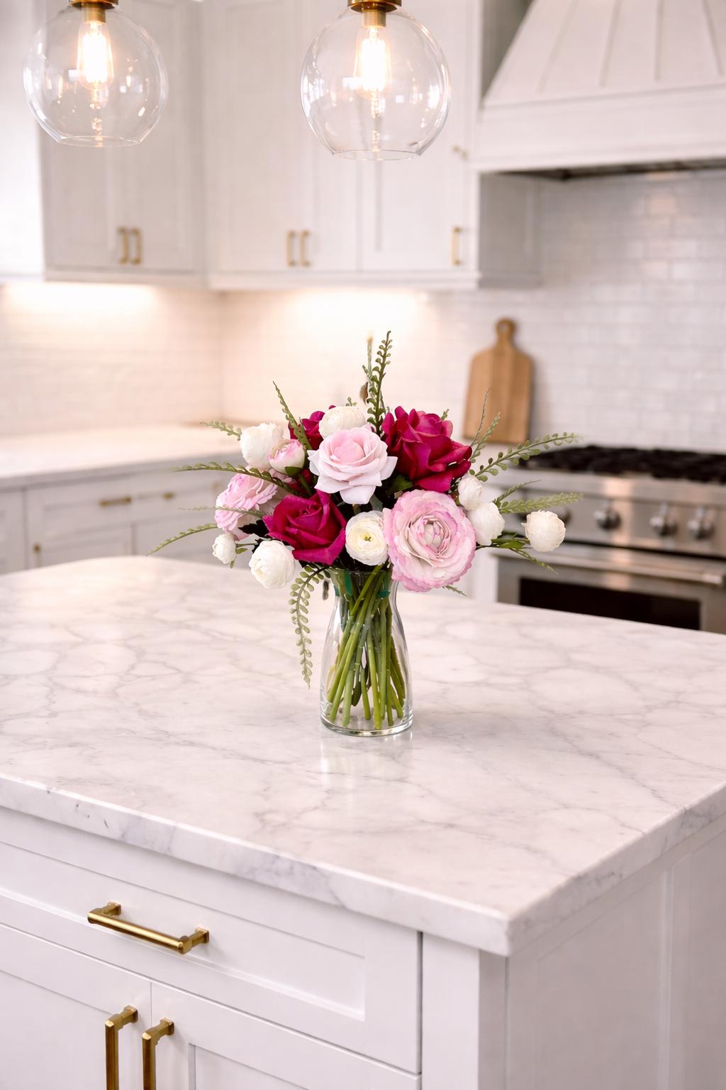 Real Touch Pink Rose and Ranunculus Floral Arrangement: Pink Centerpiece, Faux Water