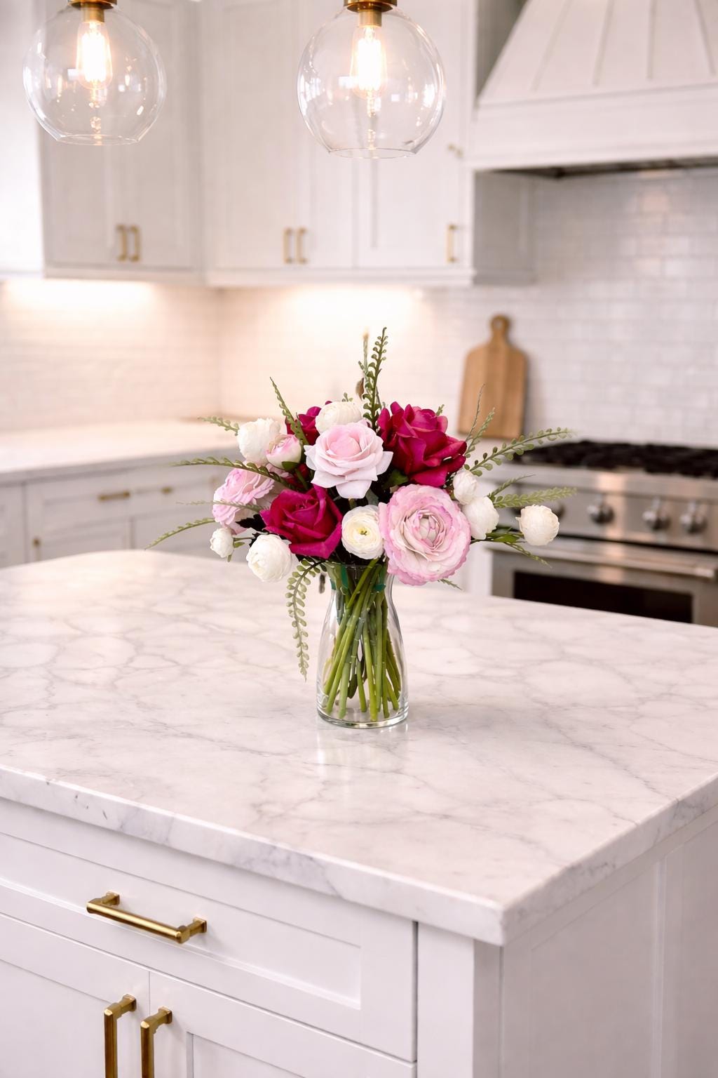 Real Touch Pink Rose and Ranunculus Floral Arrangement: Pink Centerpiece, Faux Water