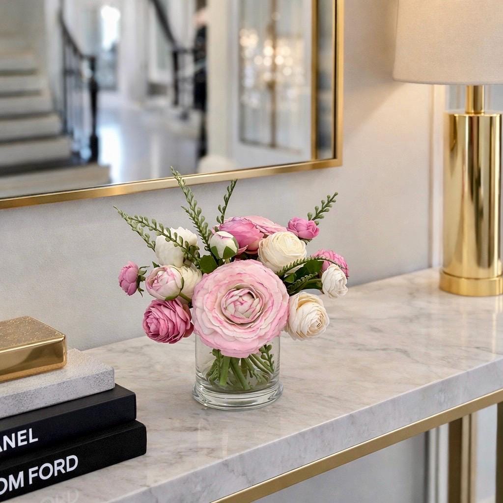 Real Touch Ranunculus Floral Faux Water Arrangement: Pink Centerpiece