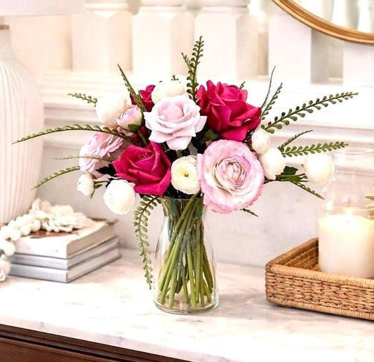 Real Touch Pink Rose and Ranunculus Floral Arrangement: Pink Centerpiece, Faux Water