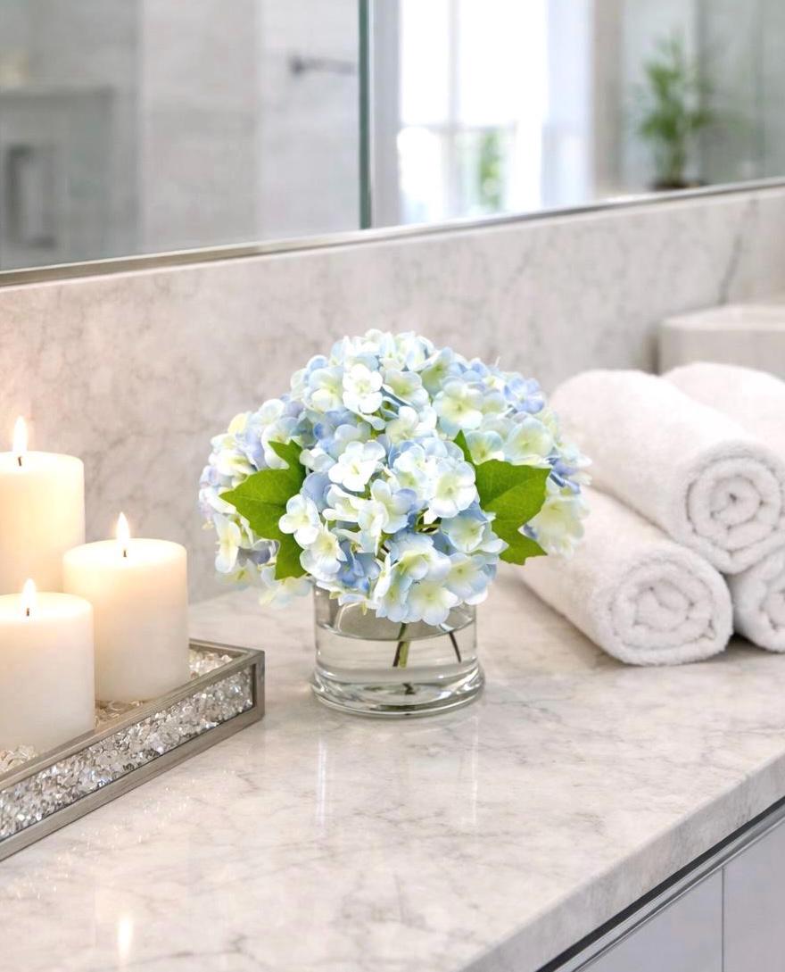 Real Touch Light Blue Hydrangea Arrangement: Faux Floral Centerpiece