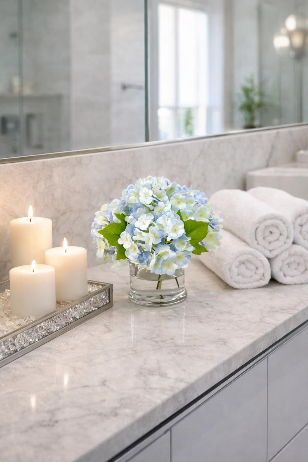 Real Touch Blue Hydrangea Centerpiece: Faux Floral Arrangement in Glass Vase by