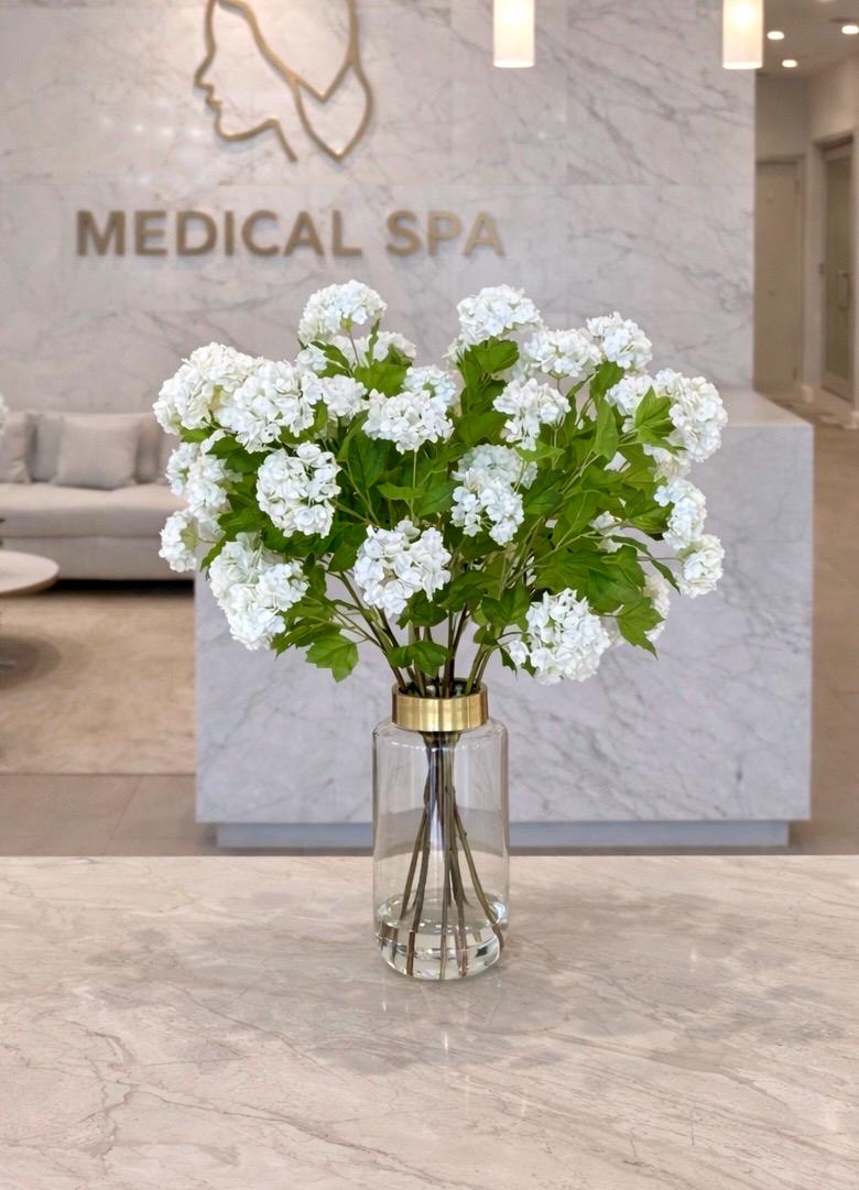Large White Hydrangea Centerpiece: Real Touch Florals, Gold Glass Vase (Faux Water)