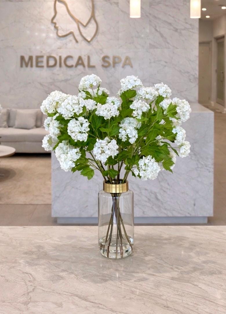 Large Luxury Real Touch White Hydrangea Centerpiece: Elegant Floral Arrangement Gold Glass Vase Faux Water