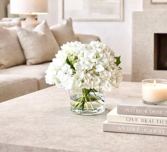 Real Touch White Hydrangea Arrangement: Faux Floral Centerpiece in Glass Vase