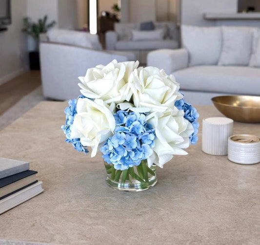 Real Touch Floral Decor Hydrangea & Rose Arrangement, Floral Centerpiece in Glass Vase