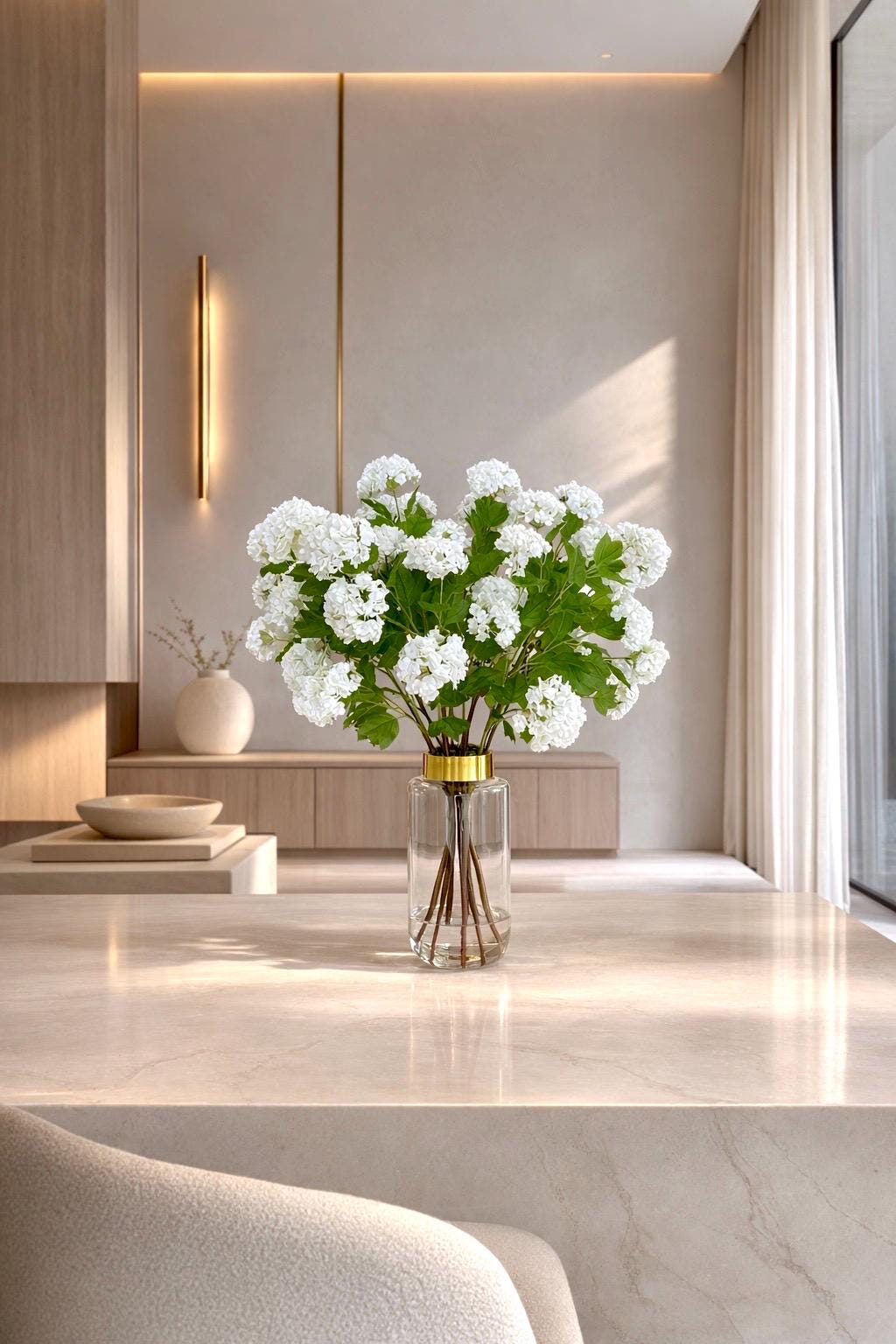 Large Luxury Real Touch White Hydrangea Centerpiece: Elegant Floral Arrangement Gold Glass Vase Faux Water