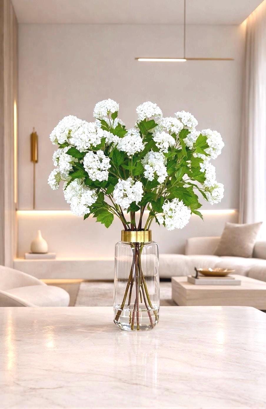 Large Luxury Real Touch White Hydrangea Centerpiece: Elegant Floral Arrangement Gold Glass Vase Faux Water