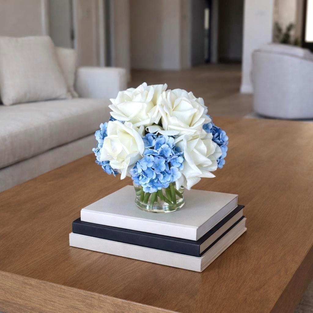 Real Touch Floral Decor Hydrangea & Rose Arrangement, Floral Centerpiece in Glass Vase
