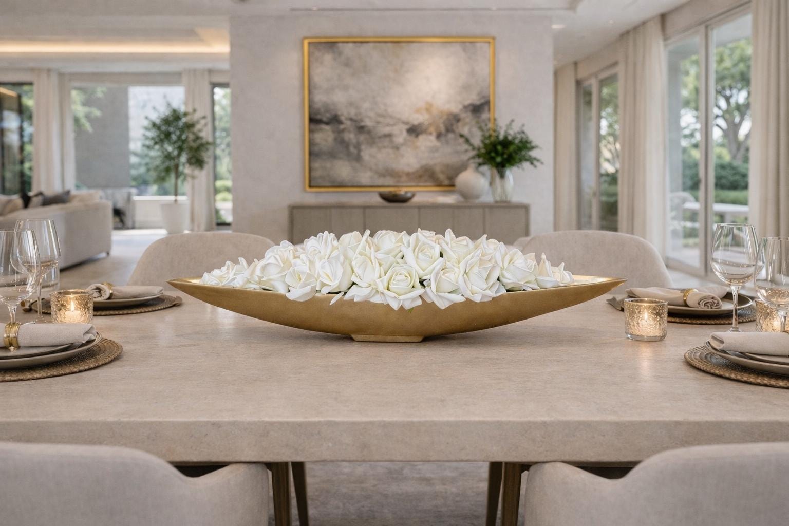 Real Touch Ivory Rose Centerpiece : Gold Boat Vase, Long Floral Centerpiece
