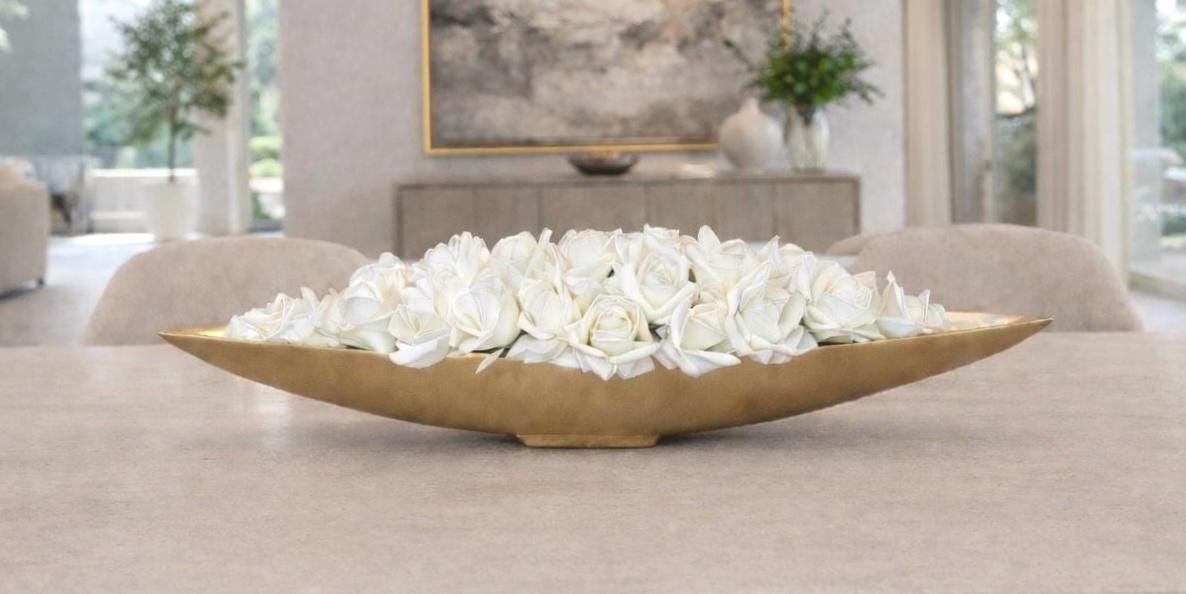 Real Touch Ivory Rose Centerpiece : Gold Boat Vase, Long Floral Centerpiece