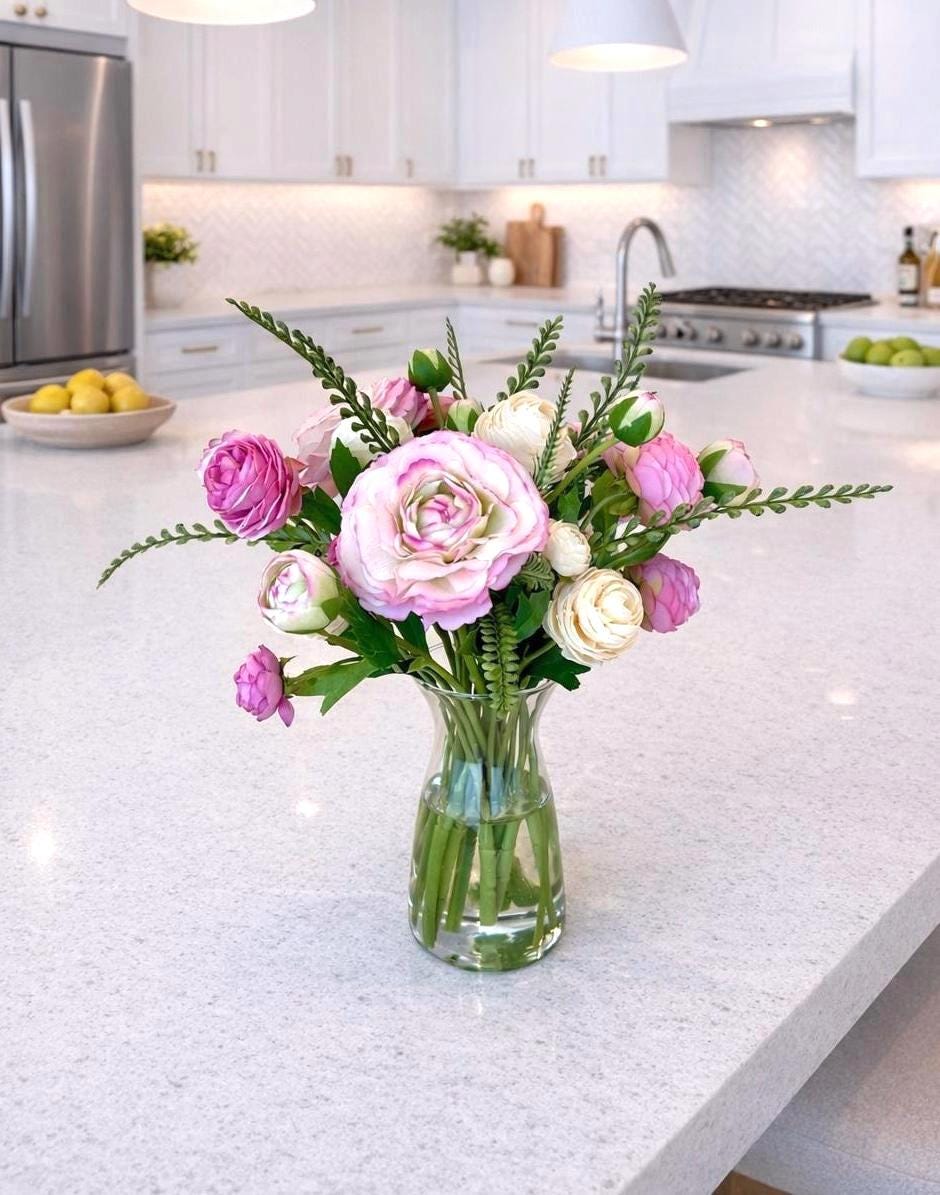 Real Touch Ranunculus Floral Arrangement: Pink Centerpiece, Faux Water