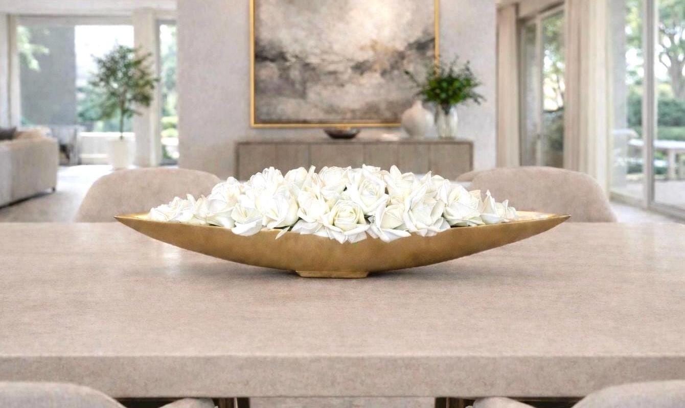 Real Touch Ivory Rose Centerpiece : Gold Boat Vase, Long Floral Centerpiece