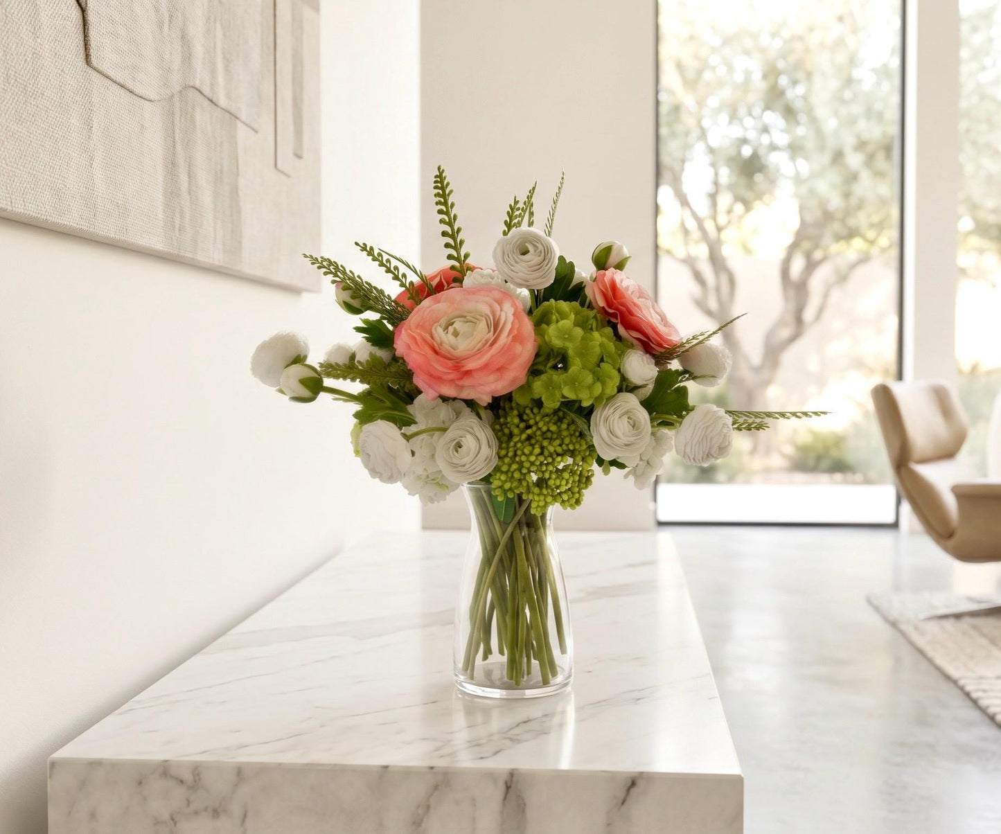 Real Touch Ranunculus Floral Arrangement: Coral, White, Green Centerpiece, Faux Water