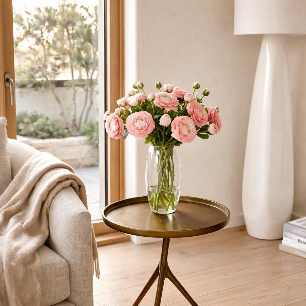 Real Touch Ranunculus Floral Arrangement: Coral Centerpiece, Faux Water