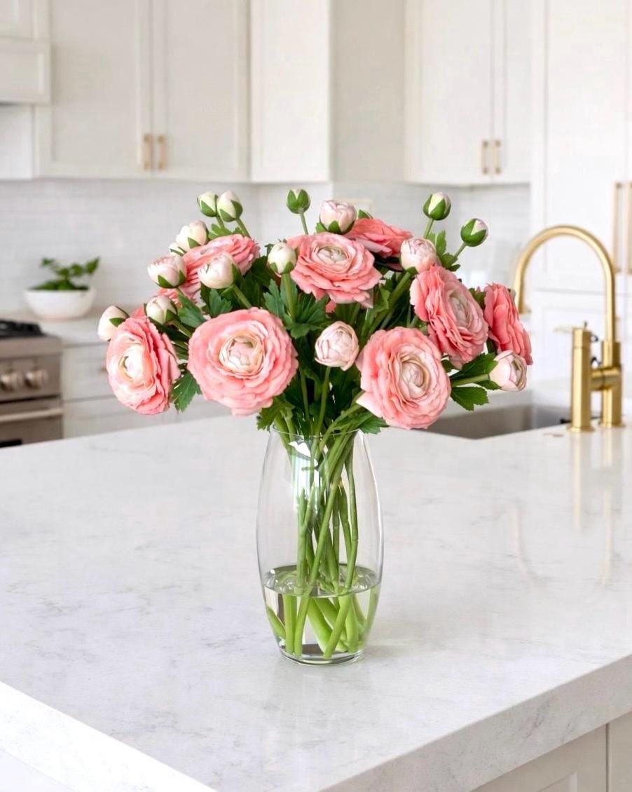 Real Touch Ranunculus Floral Arrangement: Coral Centerpiece, Faux Water