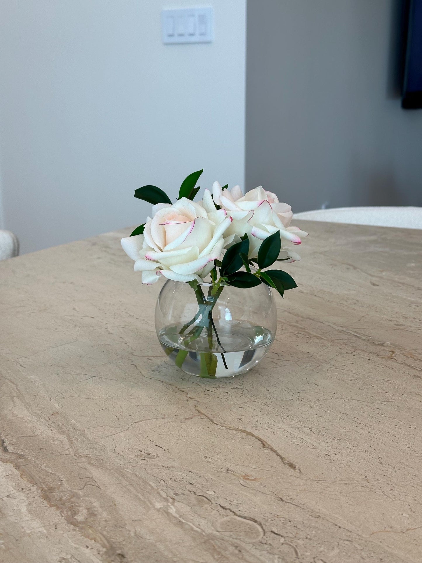 The Delphine Real Touch Rose Arrangement in Faux Water, Small Rose Centerpiece 7”, Glass Vase Decor, Home Decor Gift