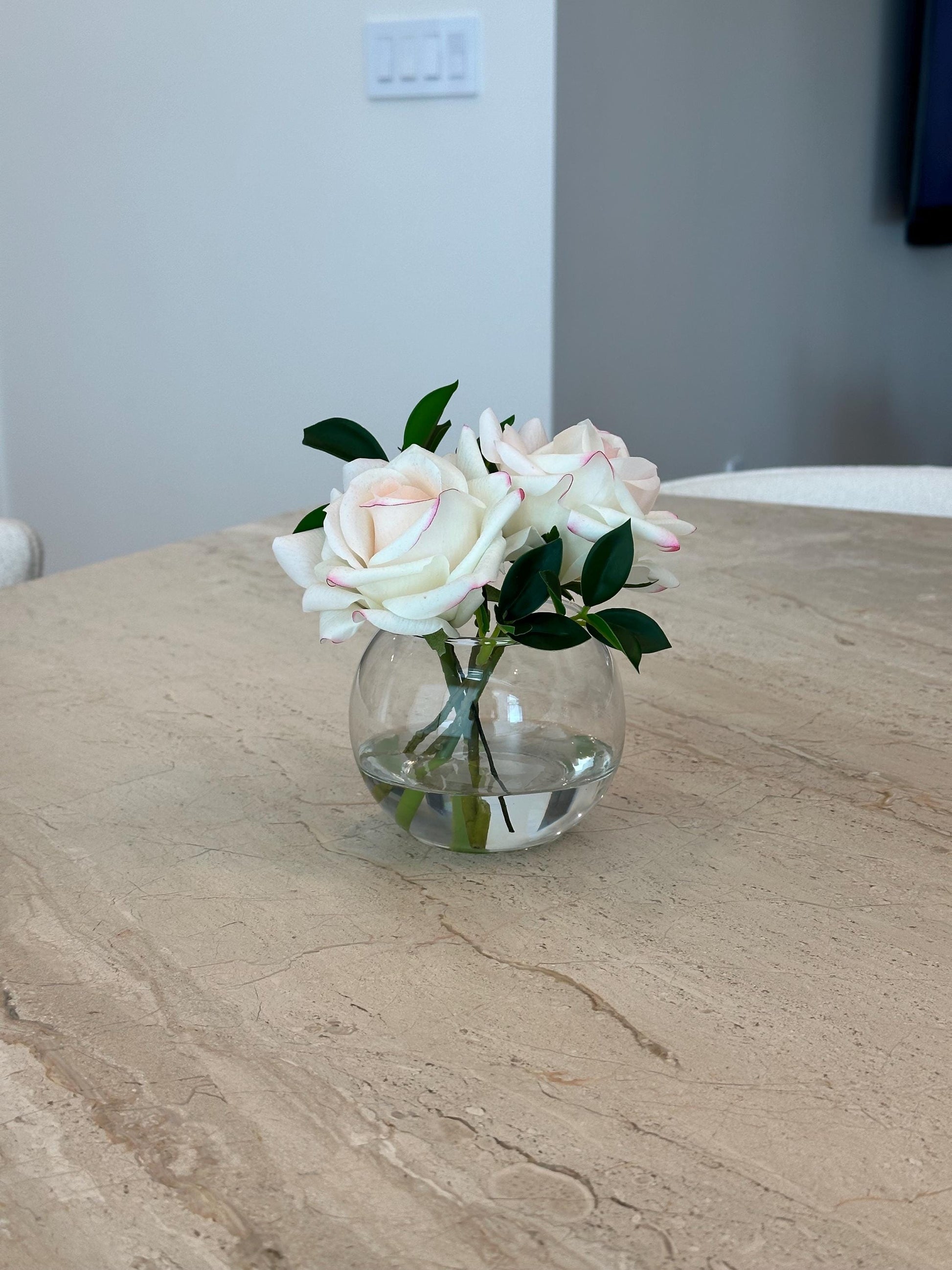 The Delphine Real Touch Rose Arrangement in Faux Water, Small Rose Centerpiece 7”, Glass Vase Decor, Home Decor Gift